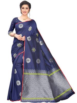 Navy Blue Woven Cotton Saree With Blouse 1