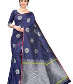 Navy Blue Woven Cotton Saree With Blouse