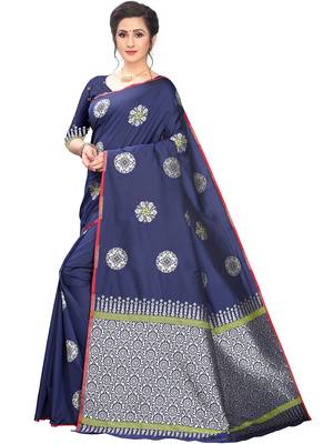 Navy Blue Woven Cotton Saree With Blouse 2