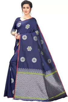 Navy Blue Woven Cotton Saree With Blouse