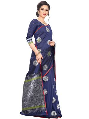 Navy Blue Woven Cotton Saree With Blouse 3
