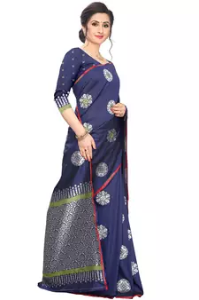 Navy Blue Woven Cotton Saree With Blouse