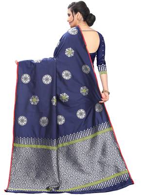 Navy Blue Woven Cotton Saree With Blouse 4