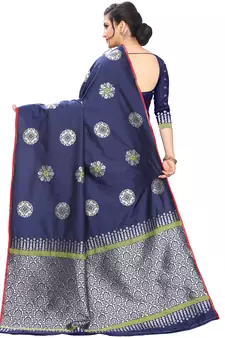 Navy Blue Woven Cotton Saree With Blouse