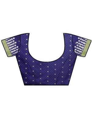 Navy Blue Woven Cotton Saree With Blouse 5