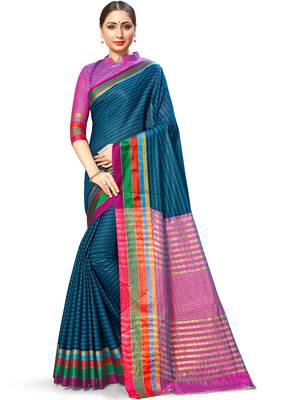 Navy Blue Woven Cotton Silk
 Saree With Blouse 1