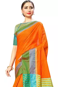 Orange Woven Cotton Silk
 Saree With Blouse