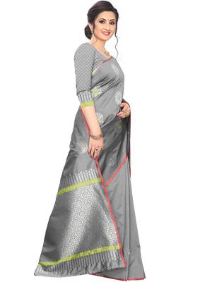 Grey woven cotton saree with blouse 3