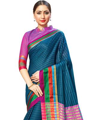 Navy Blue Woven Cotton Silk
 Saree With Blouse 2