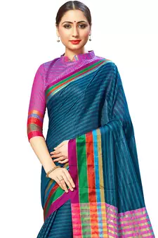 Navy Blue Woven Cotton Silk
 Saree With Blouse