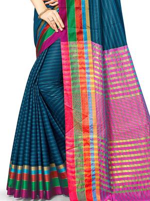 Navy Blue Woven Cotton Silk
 Saree With Blouse 3