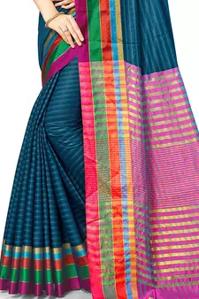 Navy Blue Woven Cotton Silk
 Saree With Blouse