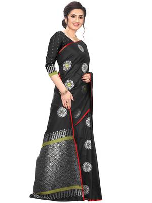 Black Woven Cotton Saree With Blouse 3