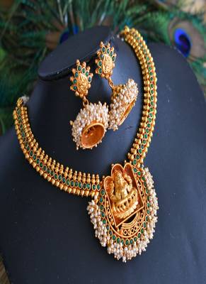 Beautiful Antique Green Pear Cluster Lakshmi Necklace Set-dj07491 1