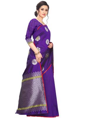 Purple Woven Cotton Saree With Blouse 3
