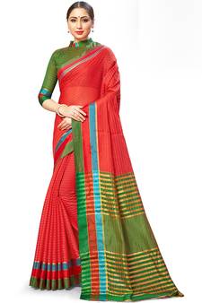 Red Woven Cotton Silk
 Saree With Blouse