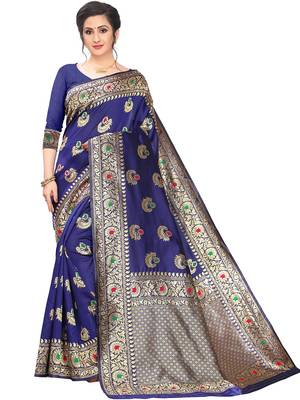 Dark Blue Woven Cotton Saree With Blouse 1
