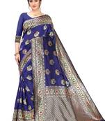 Dark Blue Woven Cotton Saree With Blouse