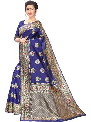 Dark Blue Woven Cotton Saree With Blouse 2
