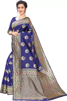 Dark Blue Woven Cotton Saree With Blouse
