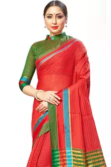 Red Woven Cotton Silk
 Saree With Blouse