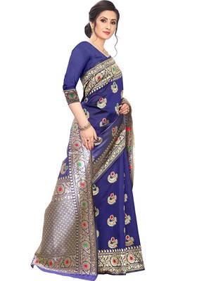 Dark Blue Woven Cotton Saree With Blouse 3