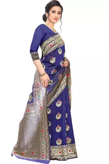 Dark Blue Woven Cotton Saree With Blouse