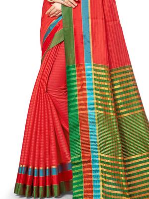 Red Woven Cotton Silk
 Saree With Blouse 3