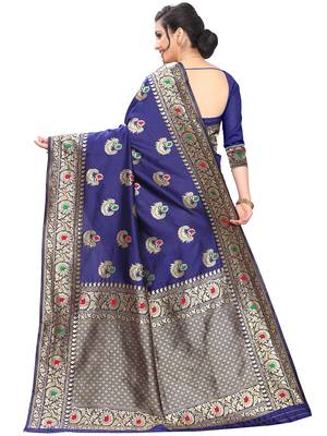 Dark Blue Woven Cotton Saree With Blouse 4