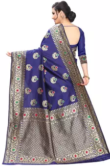 Dark Blue Woven Cotton Saree With Blouse