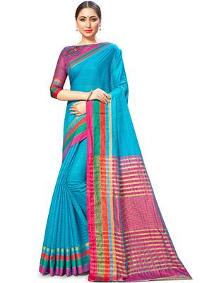 Blue Woven Cotton Silk
 Saree With Blouse 1