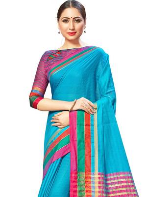 Blue Woven Cotton Silk
 Saree With Blouse 2