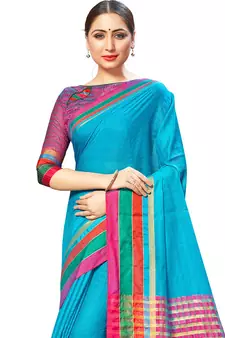 Blue Woven Cotton Silk
 Saree With Blouse