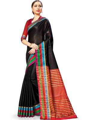 Black Woven Cotton Silk
 Saree With Blouse 1