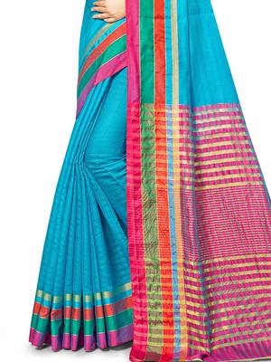 Blue Woven Cotton Silk
 Saree With Blouse 3