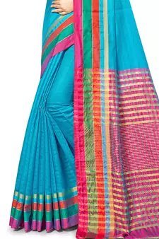 Blue Woven Cotton Silk
 Saree With Blouse