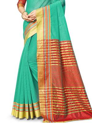 Turquoise Woven Cotton Silk
 Saree With Blouse 1
