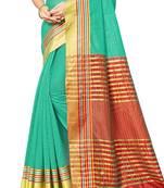 Turquoise Woven Cotton Silk
 Saree With Blouse