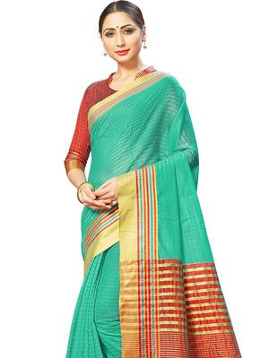 Turquoise Woven Cotton Silk
 Saree With Blouse 2