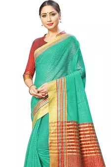 Turquoise Woven Cotton Silk
 Saree With Blouse