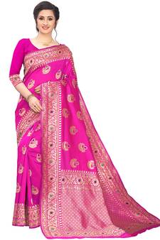 Rani Pink Woven Cotton Saree With Blouse
