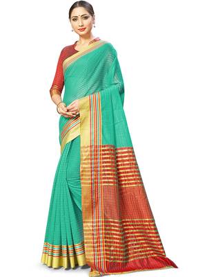 Turquoise Woven Cotton Silk
 Saree With Blouse 3