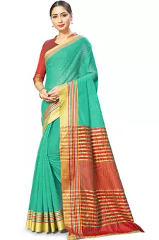 Turquoise Woven Cotton Silk
 Saree With Blouse