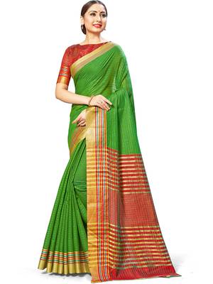 Green Woven Cotton Silk
 Saree With Blouse 1