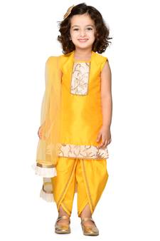 Yellow Kurta & Dhoti With Embroidery With Dupatta