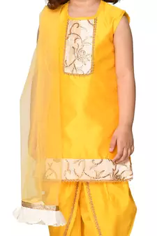 Yellow Kurta & Dhoti With Embroidery With Dupatta
