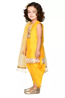 Yellow Kurta & Dhoti With Embroidery With Dupatta