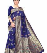 Navy Blue Woven Cotton Saree With Blouse