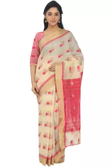 Beige Woven Cotton Silk
 Saree With Blouse