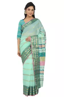 Blue Woven Cotton Silk
 Saree With Blouse
